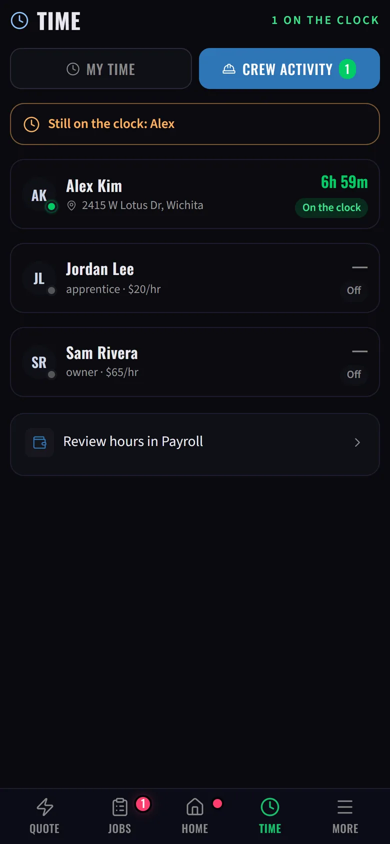 Crew activity screen showing who is on the clock