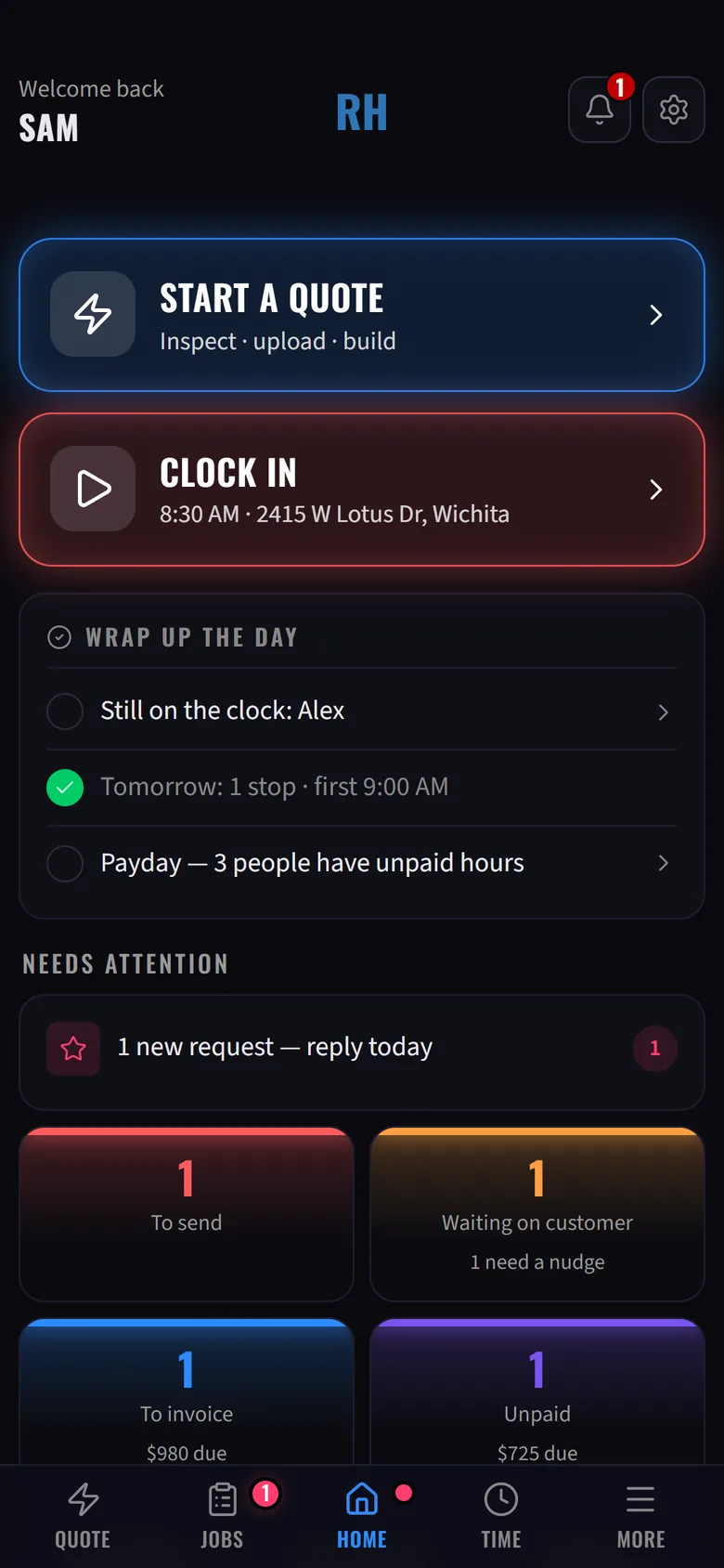Creed home screen with today's jobs and the jobs that need attention