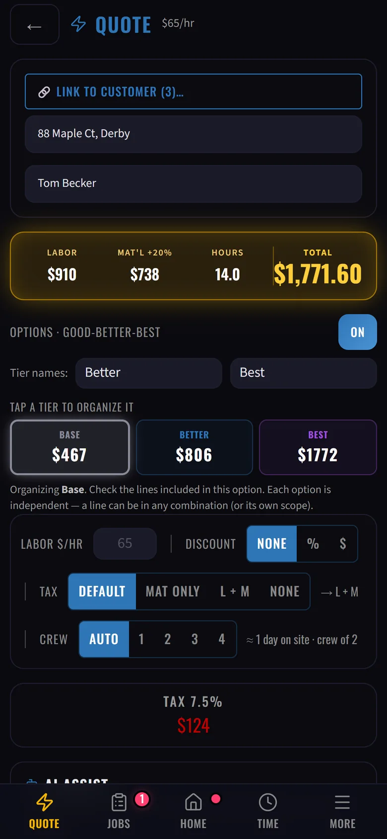 Creed quote editor showing Good, Better and Best option prices
