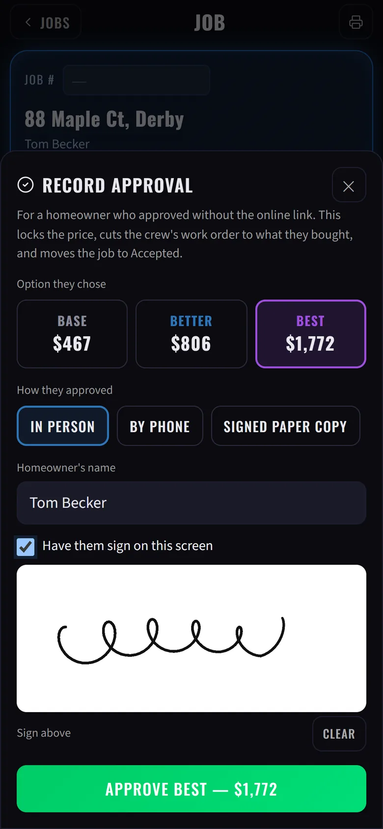 Recording an in-person quote approval with the customer's signature